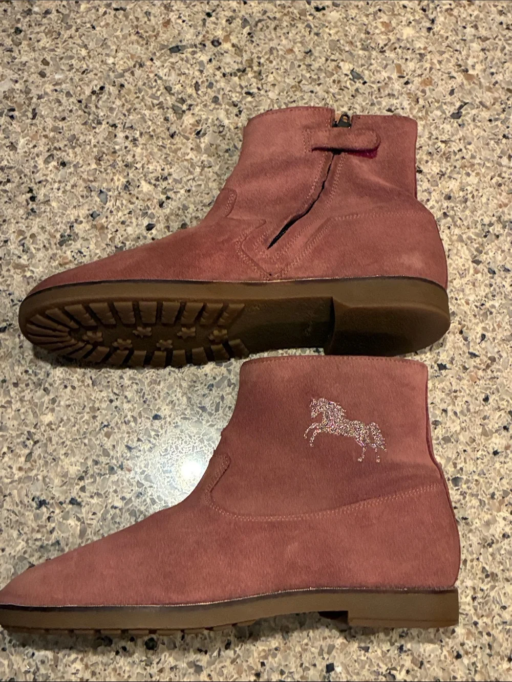 Pom D'Api Suede Ankle Boots in Dusty Rose with Glitter Horse Accent